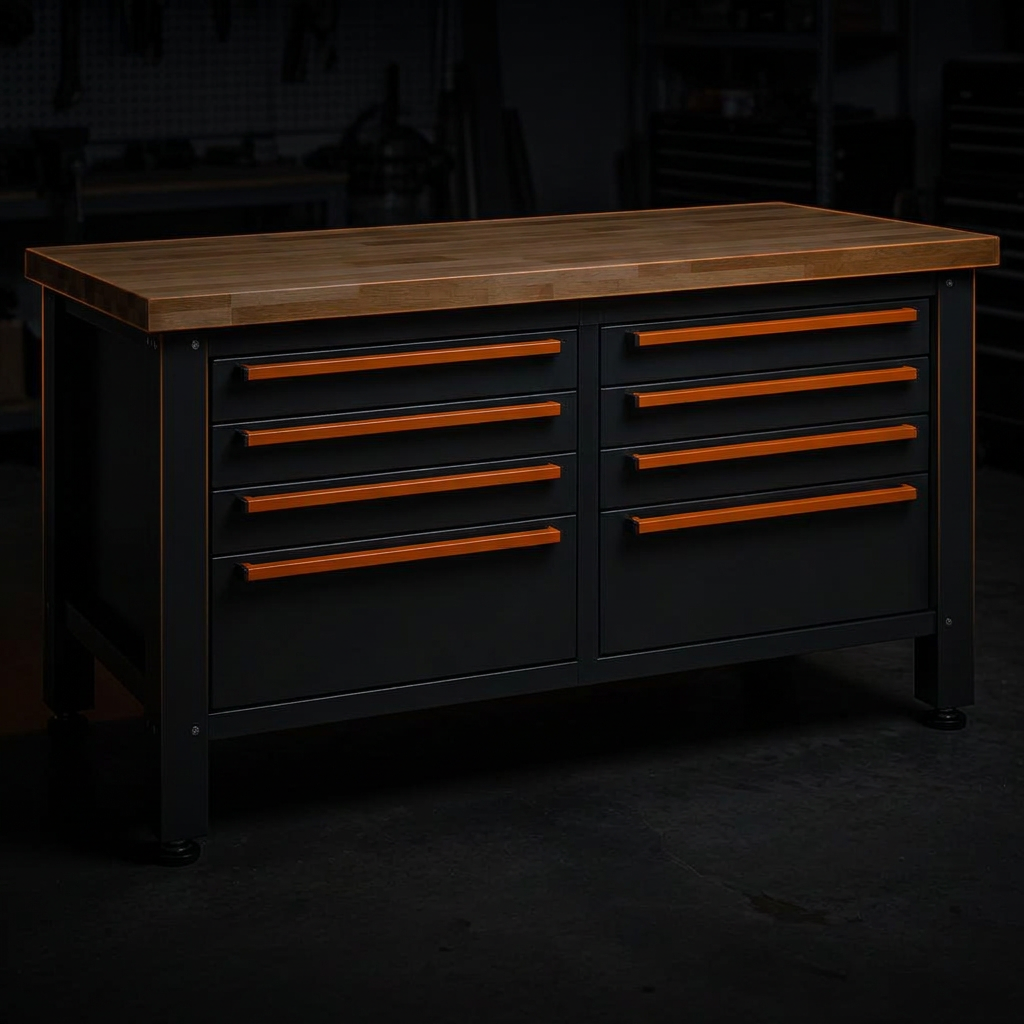 Steel workbench with drawers